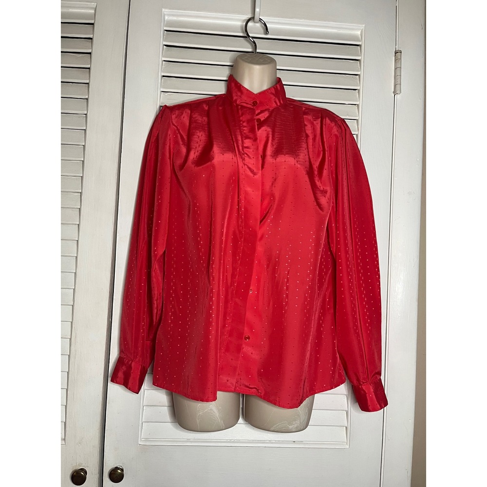 Vintage Anne Klein  Red‎ Satin Blouse Long Sleeve Button Up Mock Neck Top 8